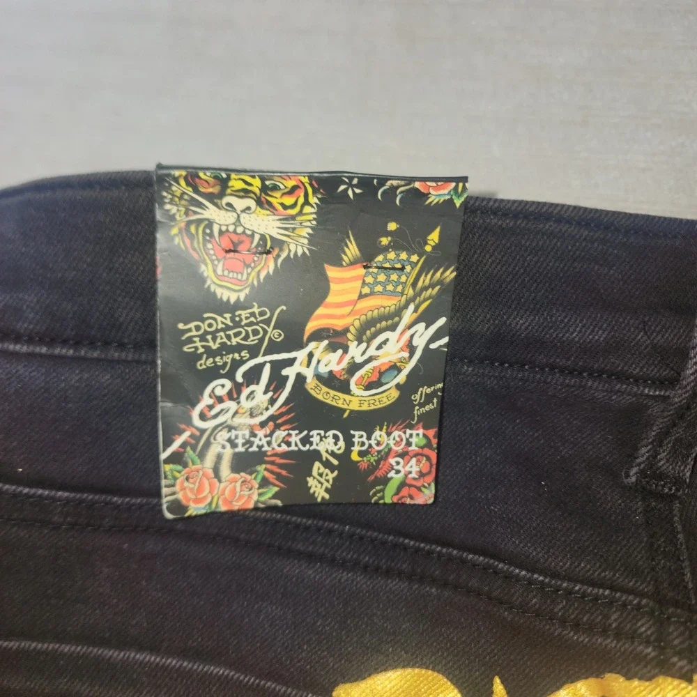 Ed Hardy Mens Stacked Boot Jeans Black Dragon Tattoo Graphics MEHD8303-4 34x36